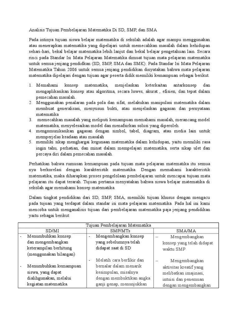 Cara belajar seperti itu bukanlah belajar matematika, tapi hanya belajar hapalan. Analisis Tujuan Pembelajaran Matematika Sekolah Pdf