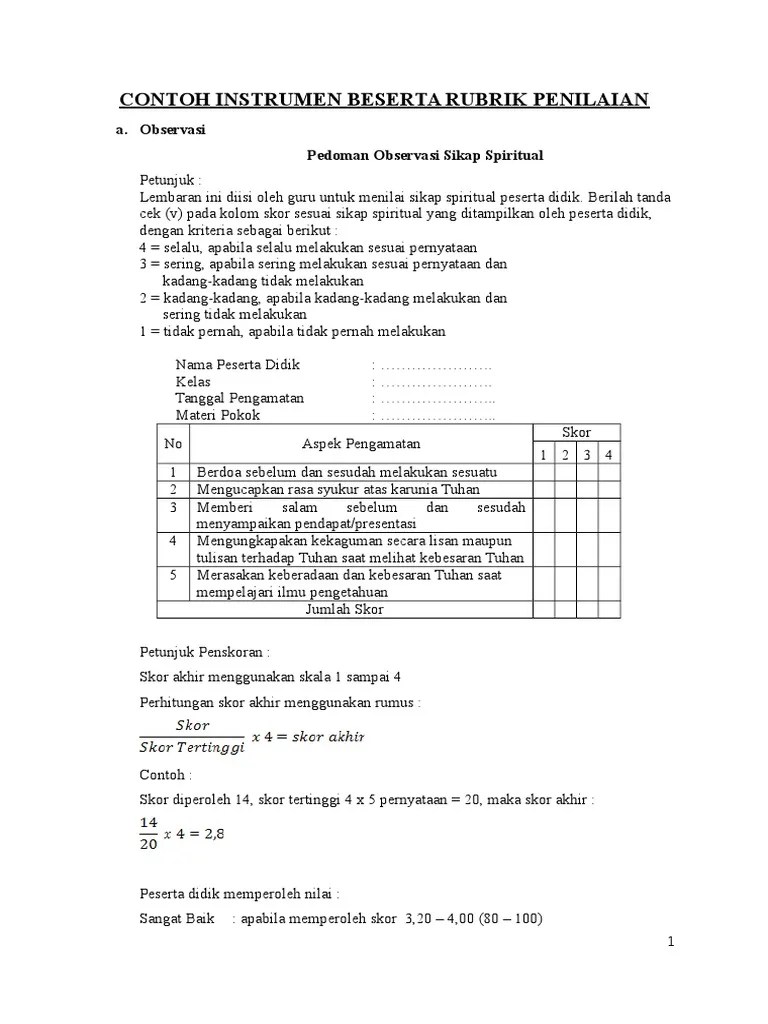 Pedoman penilaian sikap, pengetahuan dan keterampilan kurikulum 2013 page 2 tabel 2. Contoh Instrumen Dan Rubrik Penilaian Pdf