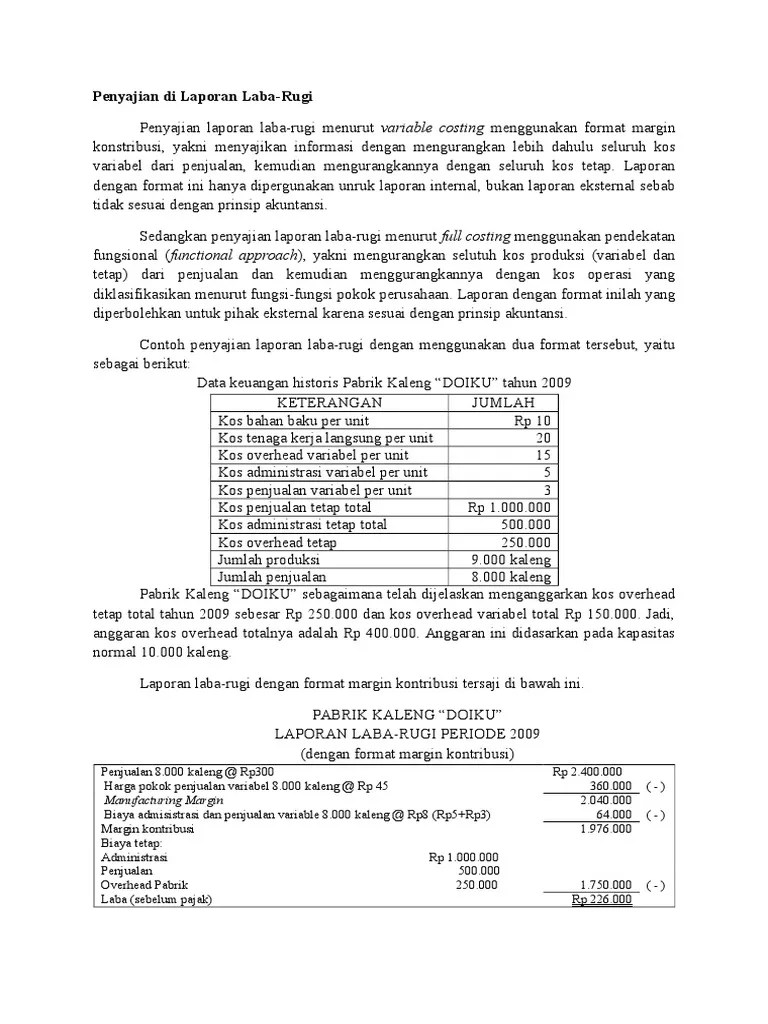 Contoh Laporan Laba Rugi Kontribusi