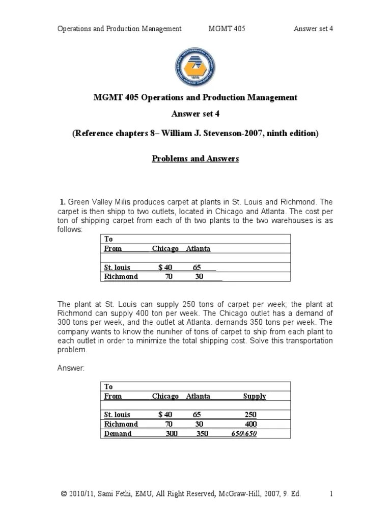 MGMT 405 Operations And Production Management Answer Set 4 (Reference Chapters 8 - William J ...
