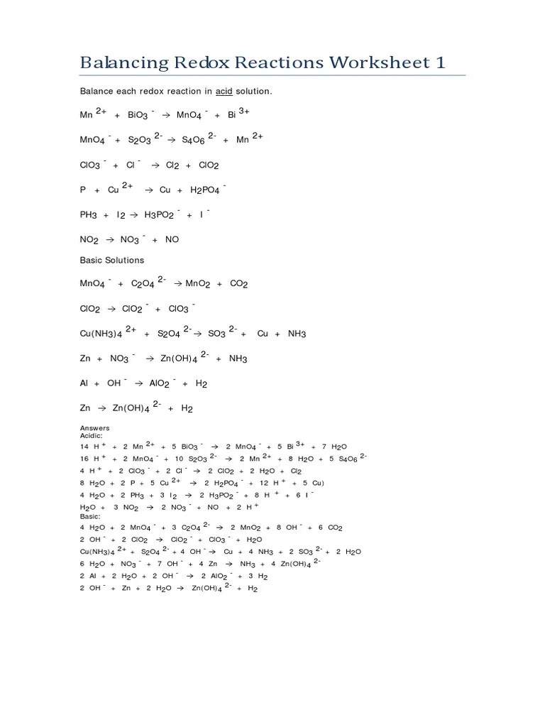 Balancing redox reactions worksheets 1 & 2 (with answers)