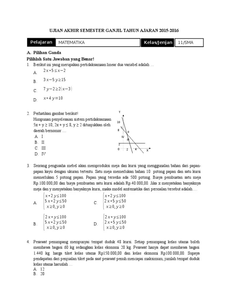 Sma negeri 2 cibinong kelas/semester : Soal Uas Matematika Peminatan Kelas X Semester 1 201 Masnurul