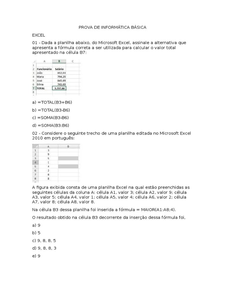 Prova De Informática Básica-Excel | PDF | Planilha | Microsoft Excel