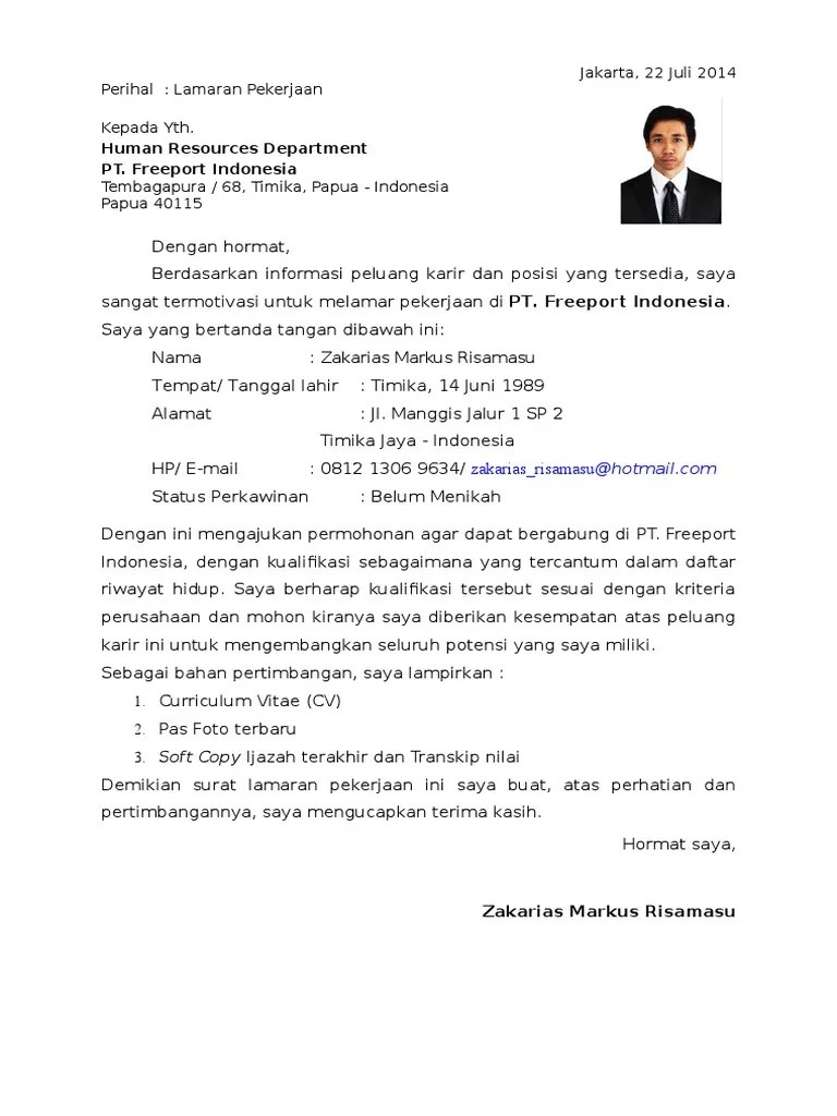 Contoh Surat Lamaran Kerja Di Pt Freeport Indonesia Cute766