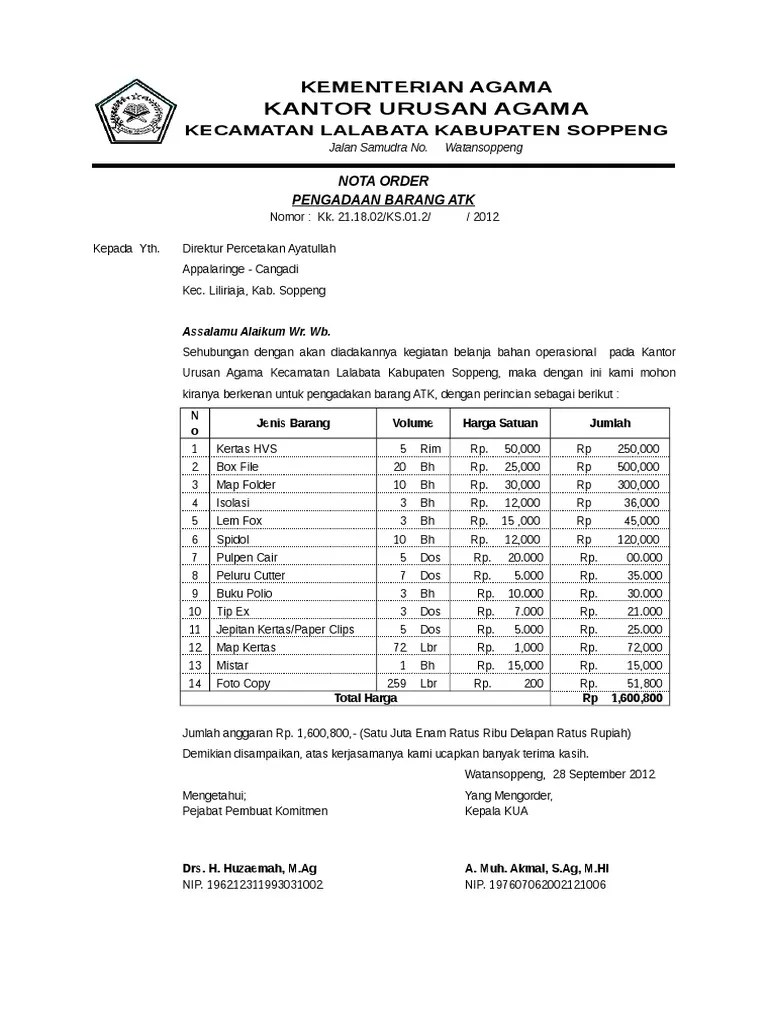Kenaikan pangkat fungsional umum, selain berkas pada point a.1 s.d a.7 ditambah dengan : Contoh Nota Pembelian Atk Masnurul