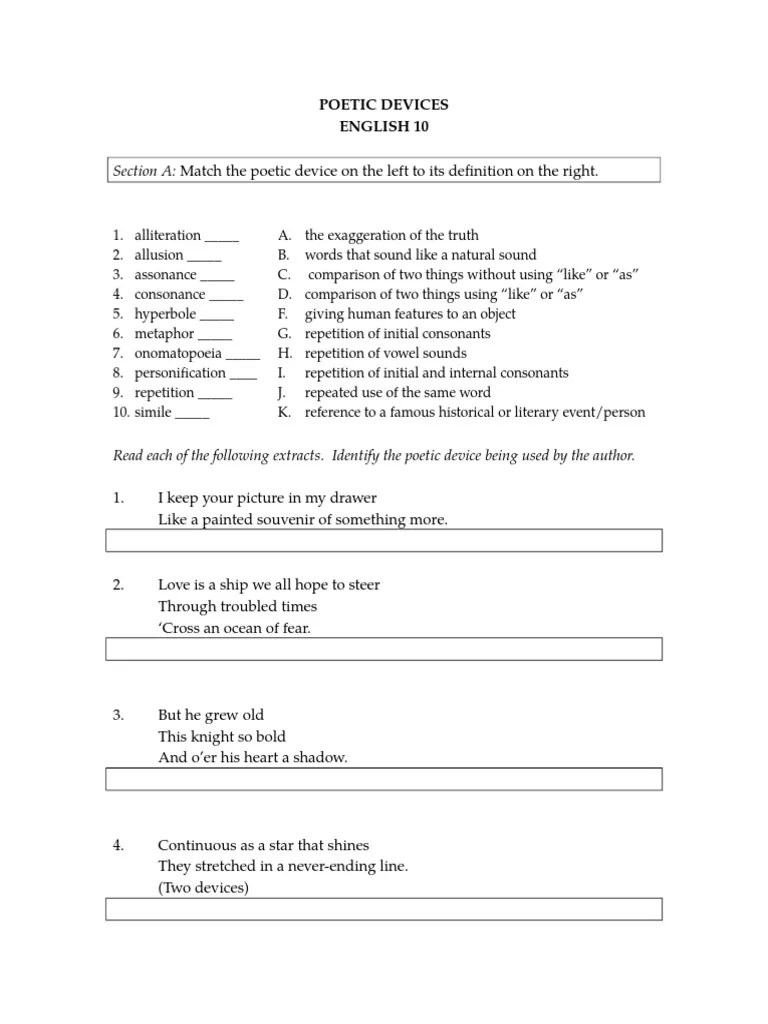 Poetic devices worksheet 1
