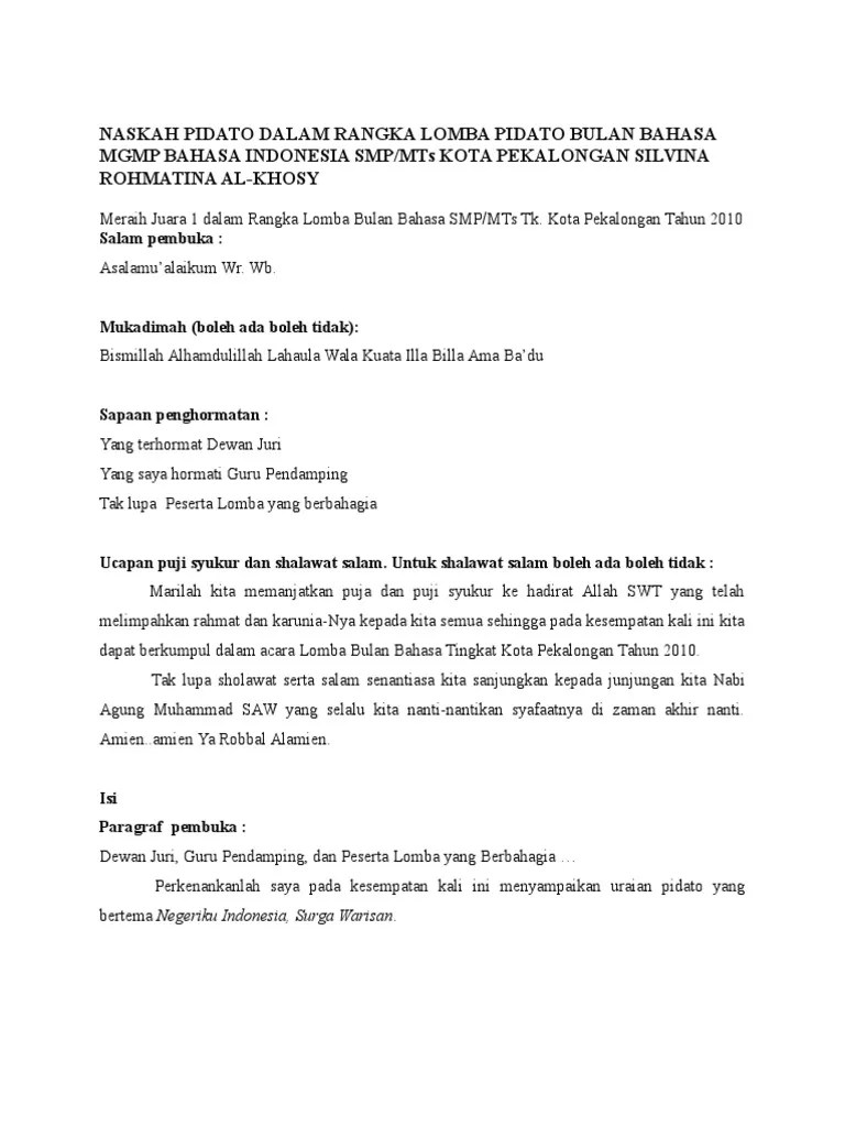 Menjadi guru bahasa, baik bahasa jepang maupun bahasa indonesia. Naskah Pidato Dalam Rangka Lomba Pidato Bulan Bahasa Mgmp Bahasa Indonesia Smp Pdf