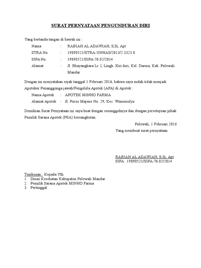Biasanya surat ini dapat digunakan untuk mendaftar sekolah, terkena hukuman dari pada contoh surat pernyataan yang kedua ialah surat pernyataan perjanjian membayar hutang. Surat Pernyataan Pengunduran Diri Untuk Apoteker