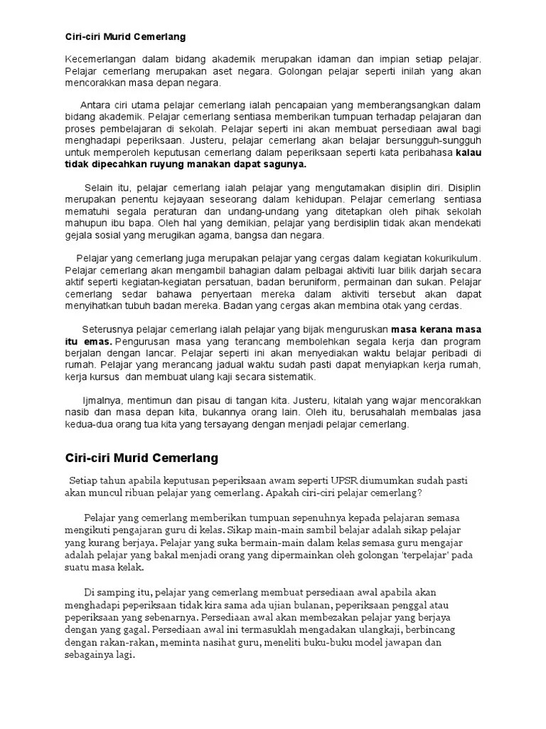 Contoh karangan ciri ciri pelajar cemerlang mudah dan terbaik . Karangan Thn5 Ciri Murid Cemerlang Pdf