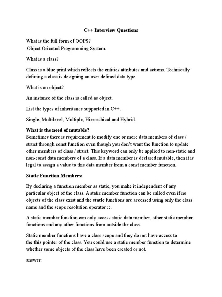 CPP InterviewQuestions | PDF | C++ | Class (Computer Programming)