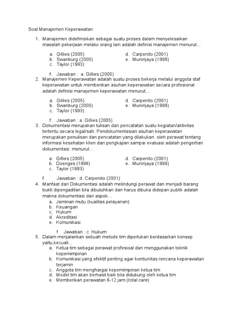 No soal dan pembahasan 1. Soal Manajemen Keperawatan 3 F Pdf