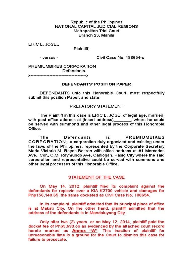 Remember that position papers are due by 11:59 p.m. Position Paper Sample Pdf Evidence Lawsuit