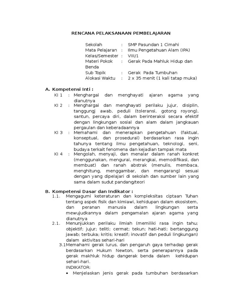 Rpp (rencana pelaksanaan pembelajaran) 1 lembar ini dibuat untuk guru mata pelajaran ilmu pengetahuan alam (ipa) tingkat smp/mts kelas viii semester 1 bab 1 . 1 Rpp Gerak Pada Tumbuhan Pdf
