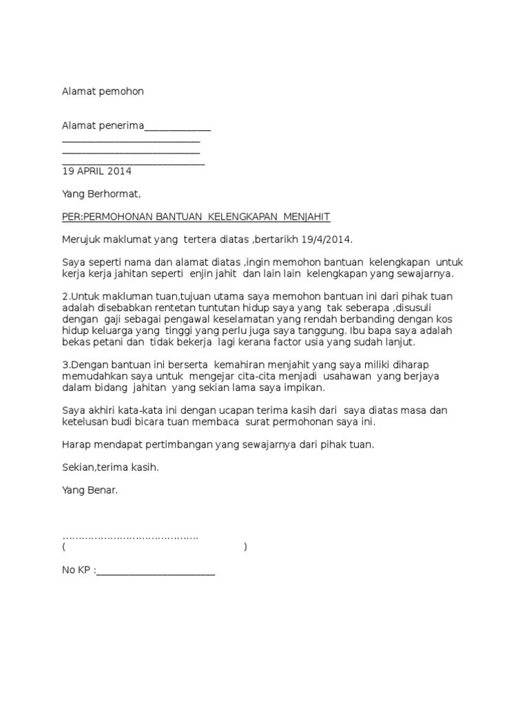 Contoh surat permohonan bantuan dana sosial picture uploaded ang submitted by admin that kept inside our collection. Contoh Surat Permohonan Bantuan Kelengkapan Menjahit Pdf