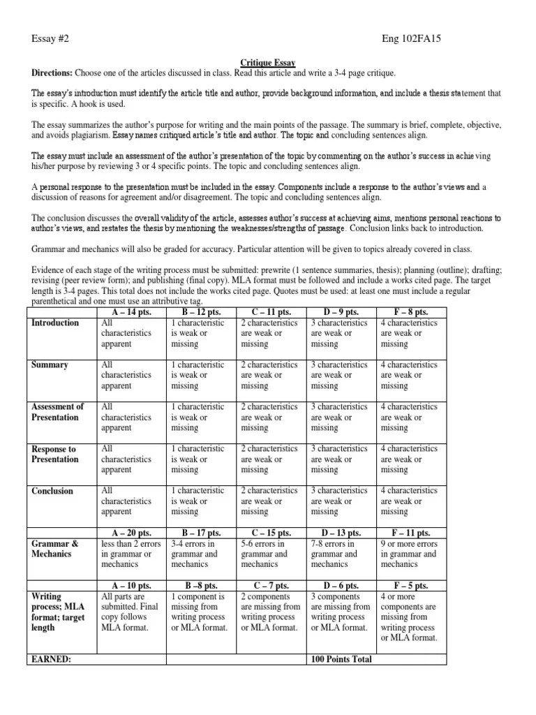 Rubric Essay2 Critique | PDF | Essays | Argument