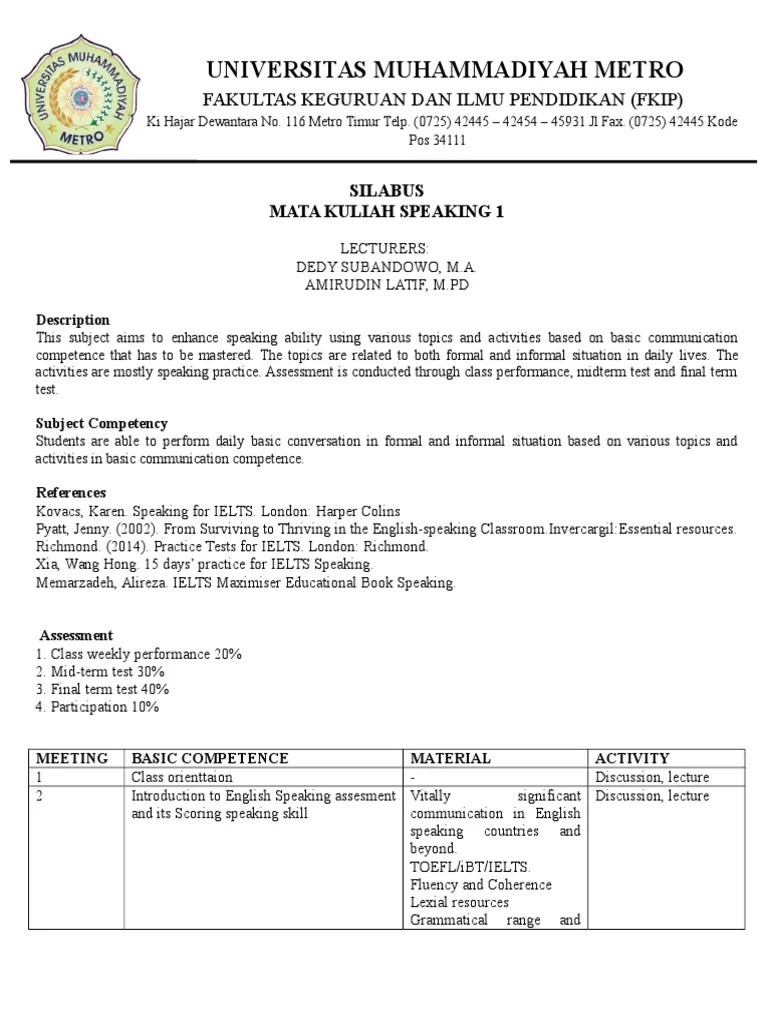 Universitas pengembang kurikulum fakultas keguruan dan ilmu pendidikan program studi . Silabus Speaking 1 Universitas Muhammadiyah Metro Pdf International English Language Testing System Tourism