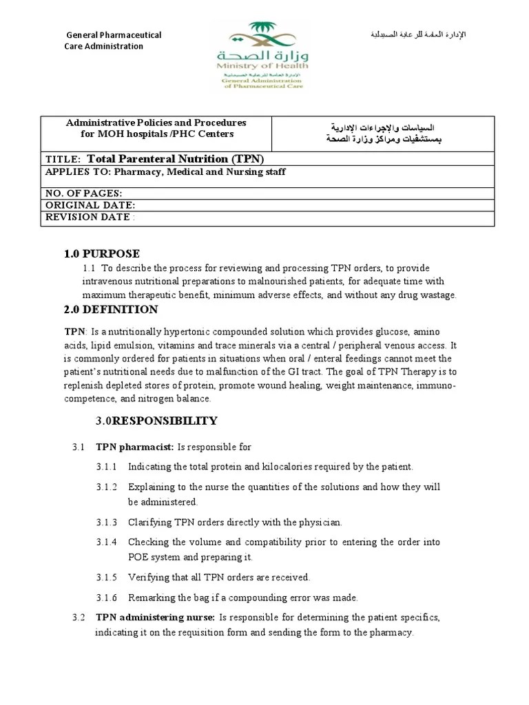 Total Parenteral Nutrition (TPN) PDF | PDF | Pharmacy | Pharmaceutical Drug