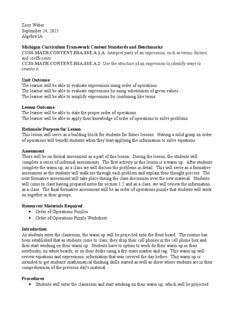 Order Of Operations Lesson Plan Educational Assessment