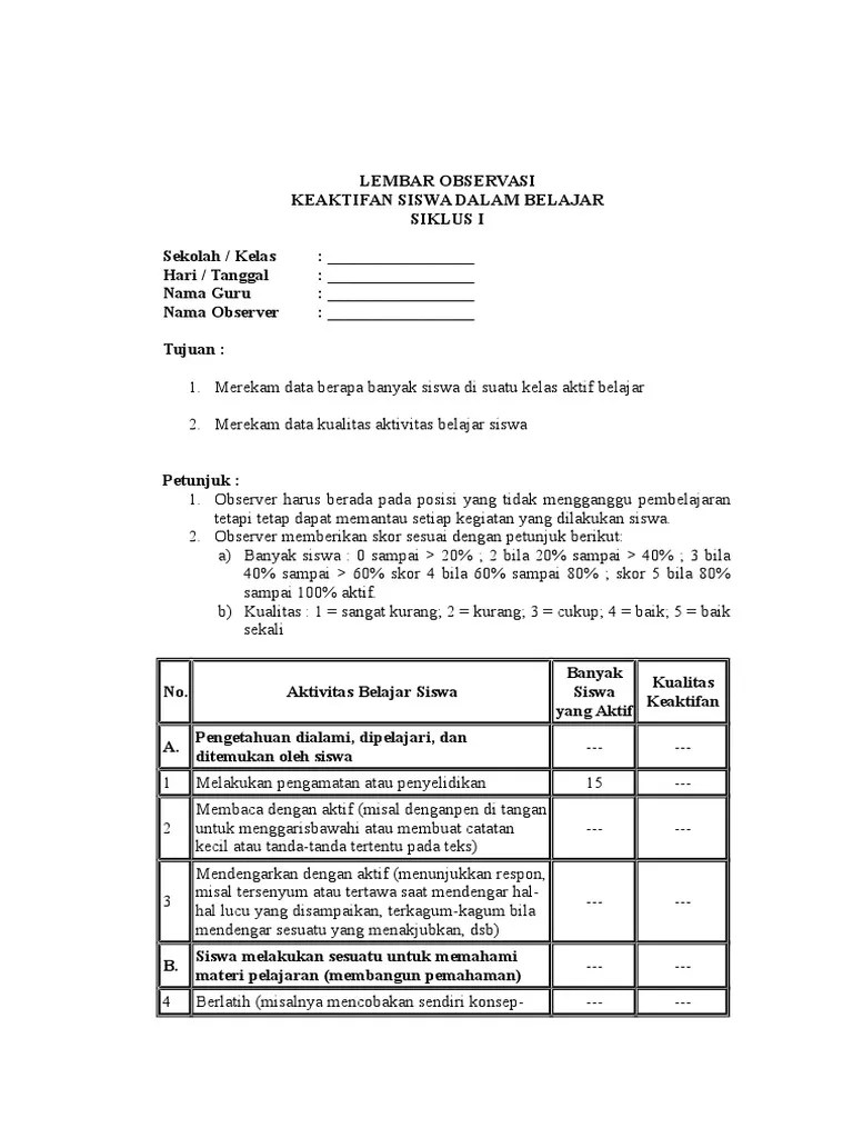 Instrumen lembar observasi guru dan siswa