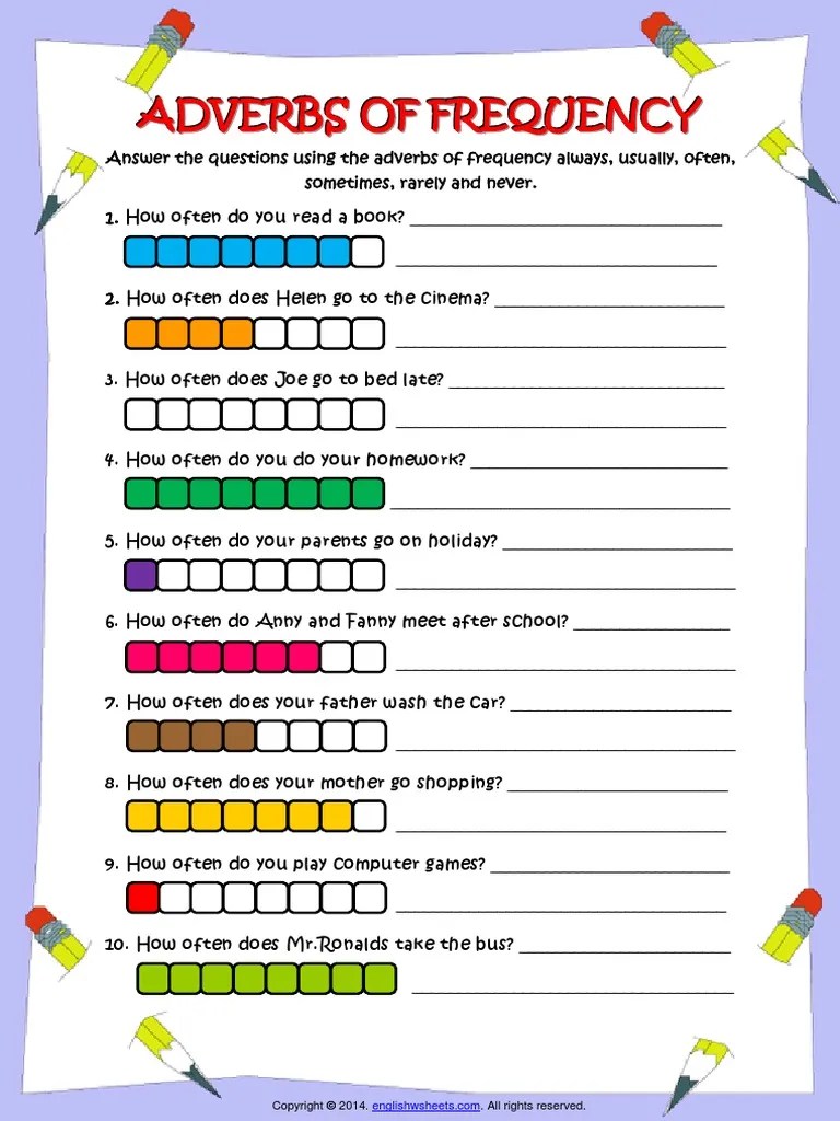 Adverbs of frequency questions esl grammar worksheet