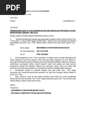 Contoh surat penolakan tawaran tender. Surat Rasmi Penolakan Latihan Industri