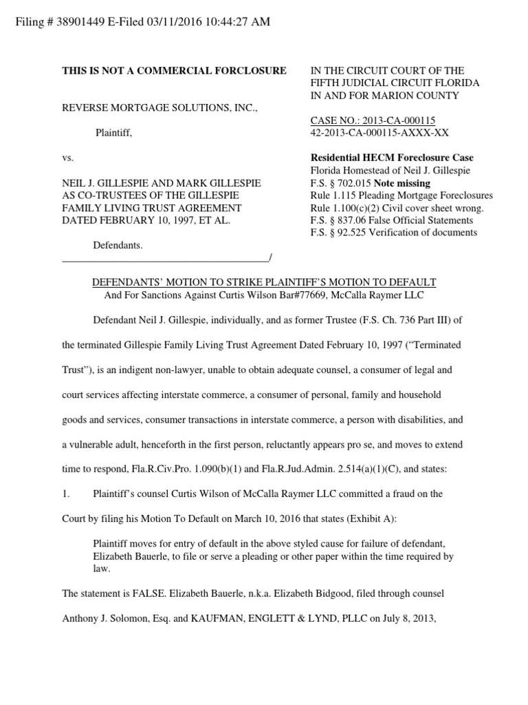 Defendants' Motion To Strike Plaintiff's Motion To Default | PDF ...