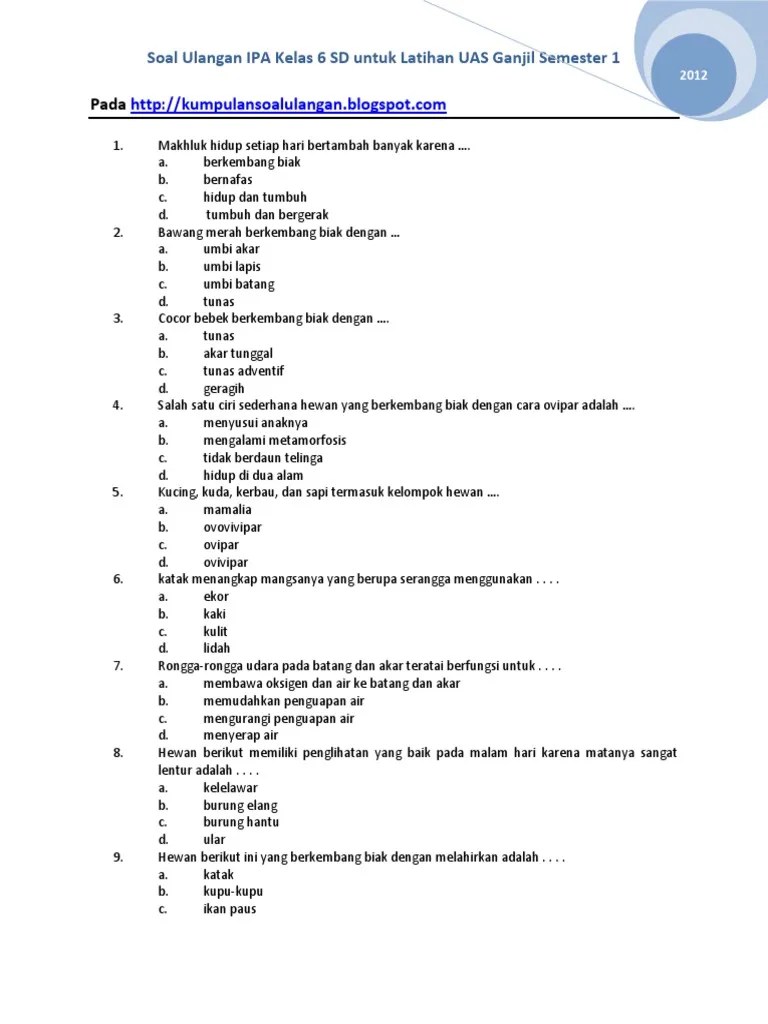 Soal Ipa Kelas 6 Uas Ganjil Semester 1 Pdf Soal IPA Kelas 6.