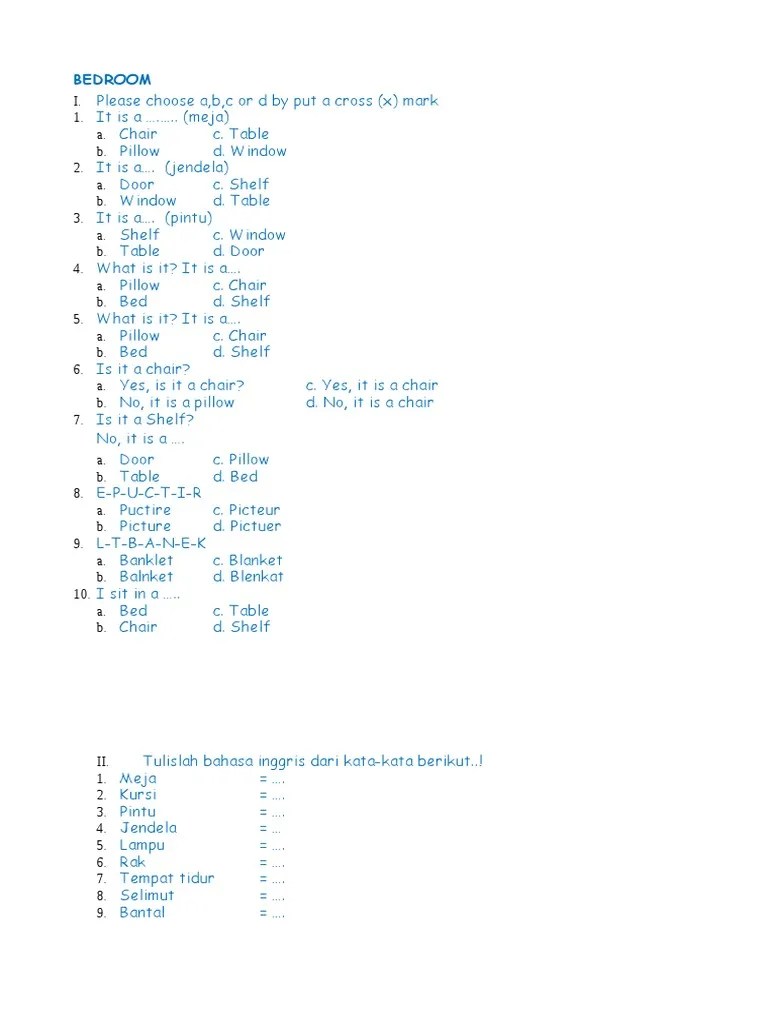 Soal Bedroom Kls 1 SD | PDF
