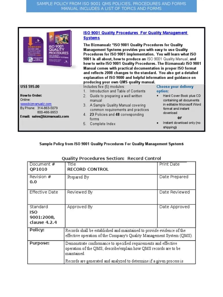 Bizmanualz ISO 9001 QMS Policies And Procedures Sample | PDF | Iso 9000 | Verification And ...