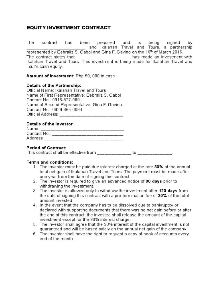 Equity Investment Agreement Template