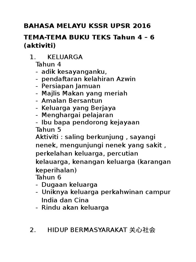 Selaras dengan keperluan silibus pelajar tahun 1 hingga tingkatan 5. Bahasa Melayu Kssr 4 6 Upsr 2016 Tema Dan Aktiviti Pdf