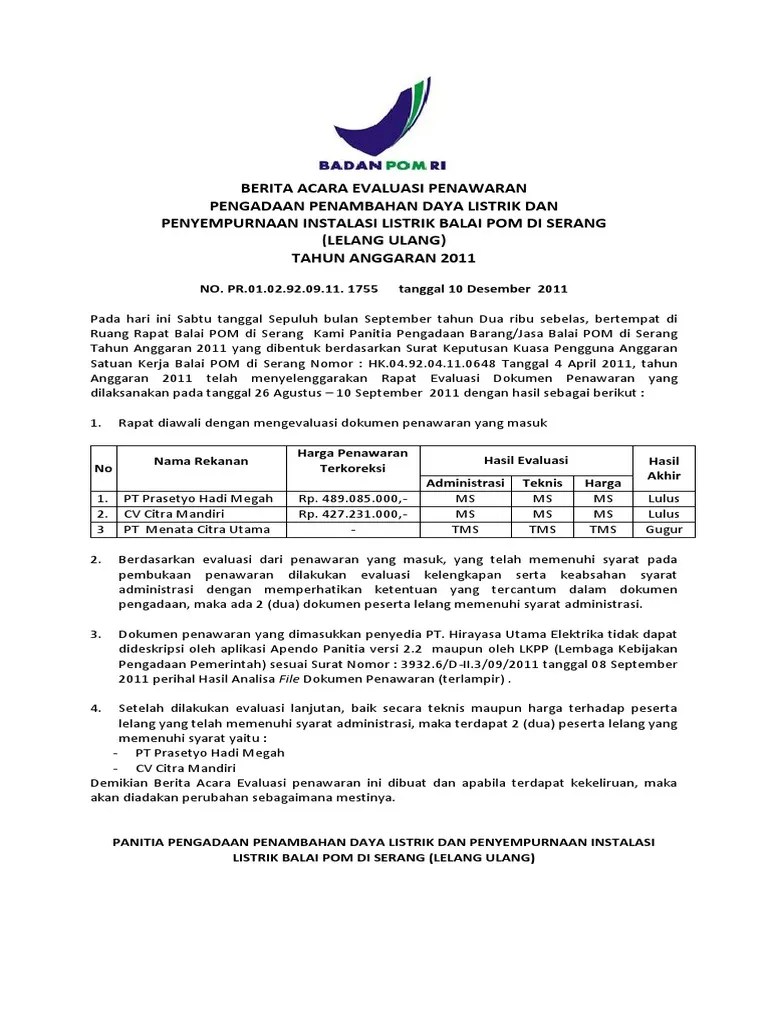 Laporan kemajuan dan laporan sementara. Contoh Berita Acara Evaluasi Penawaran Pdf