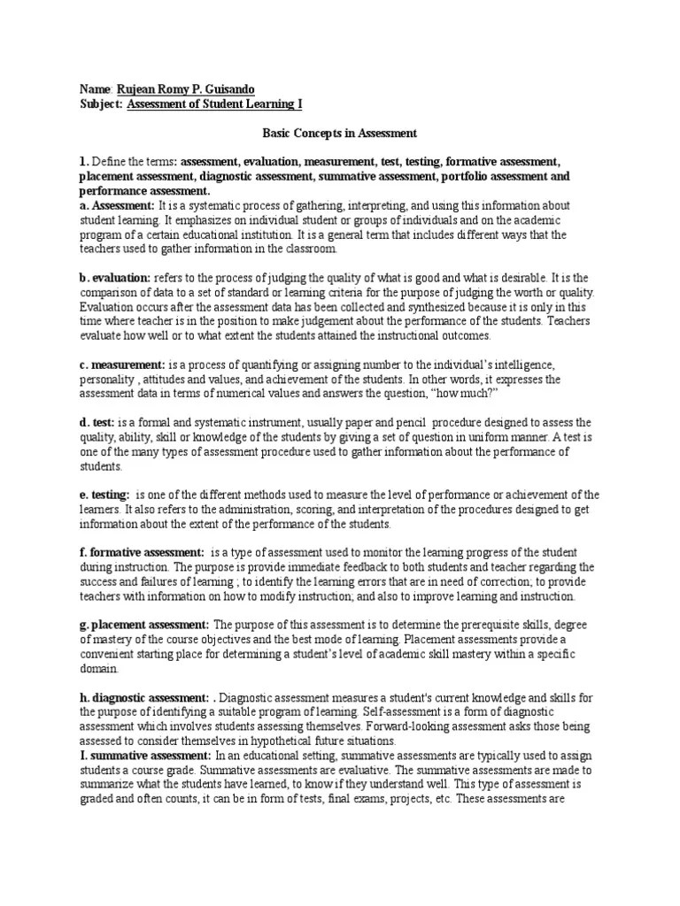 Assessment Of Student Learning Basic Concepts | PDF | Educational ...