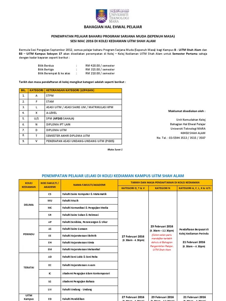 Asasi / diploma / sarjana muda kep. Penempatan Kolej Mengikut Fakulti B B3 Pdf