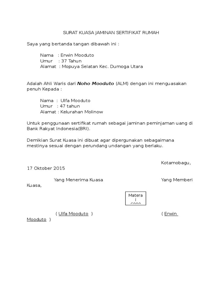 Berikut adalah contoh surat kuasa jaminan sertifikat tanah yang dapat anda gunakan. Contoh Surat Kuasa Untuk Jaminan Sertifikat Tanah Pdf