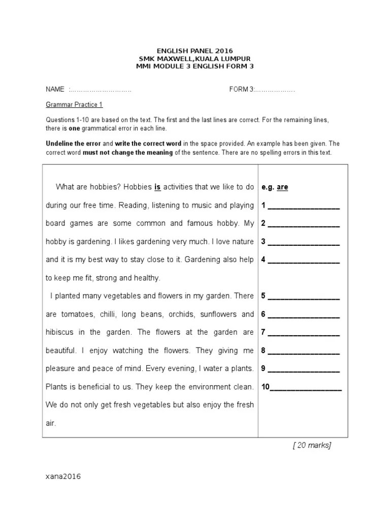 Present simple form (with all verbs except 'be'): Pt3 Format Grammar Practice 2 Question Pdf