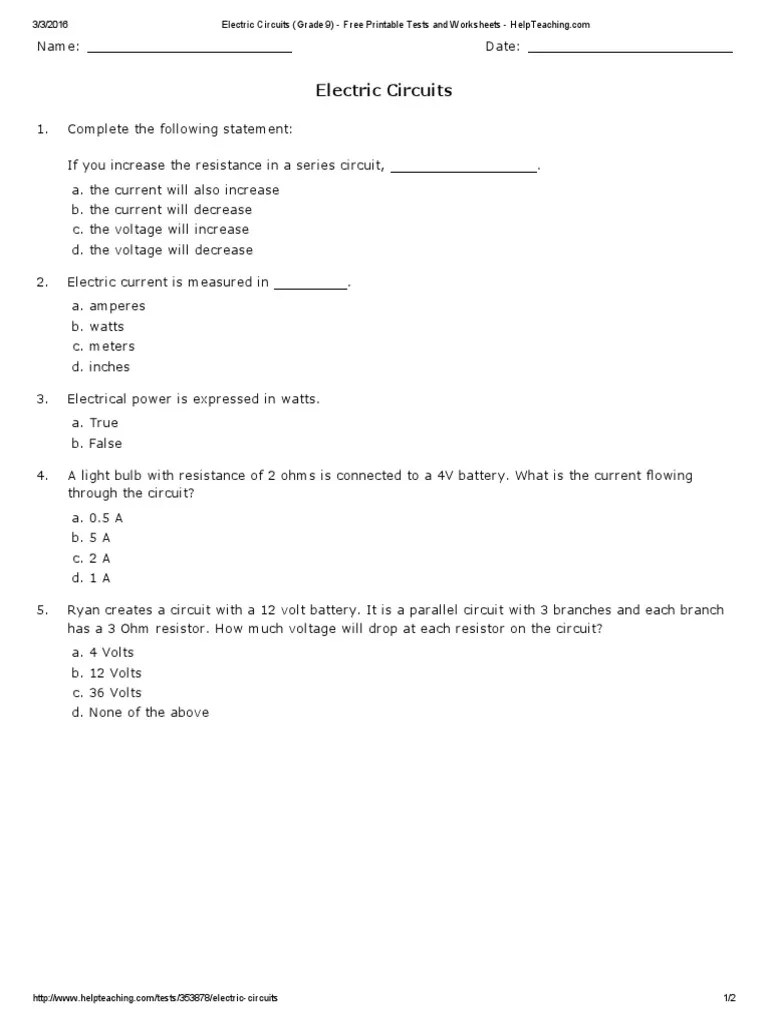The boxes include the name and its symbol, but you can make this activity more challenging by removing either the … Electric Circuits Grade 9 Free Printable Tests And Worksheets Helpteaching Pdf Series And Parallel Circuits Electrical Network