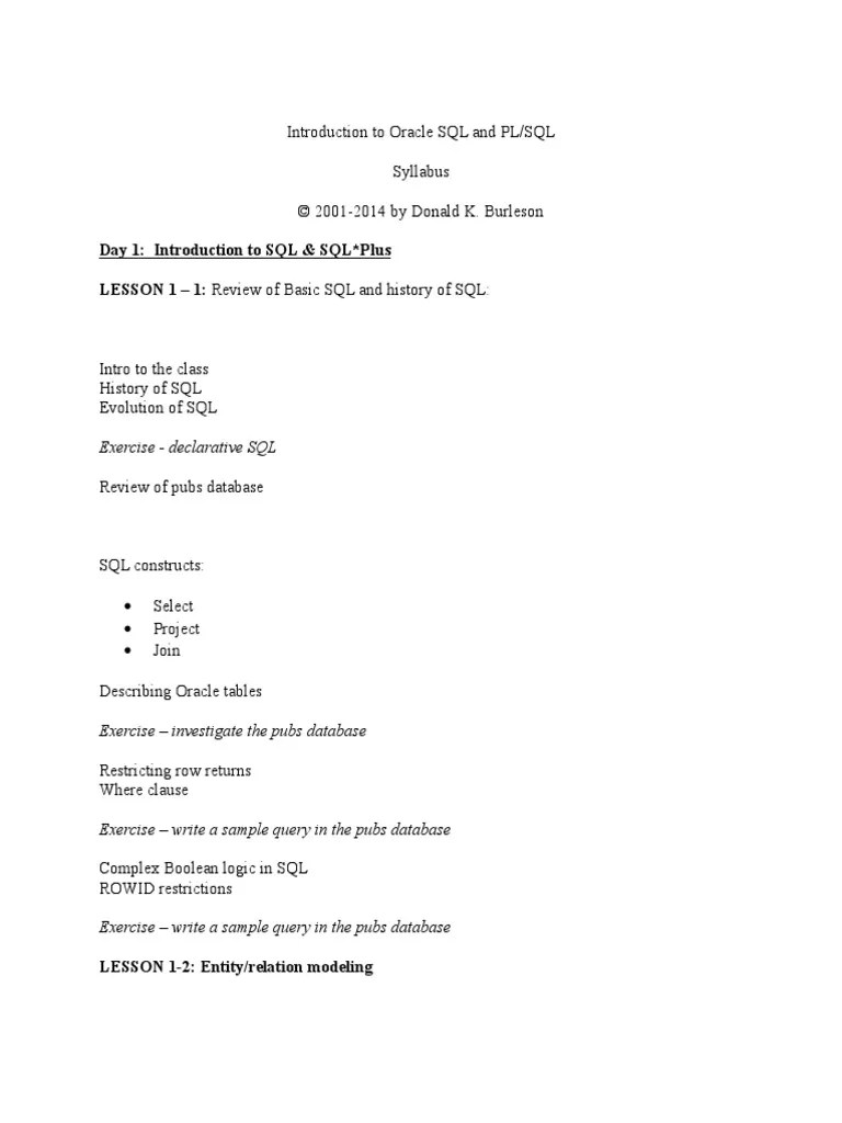 Introduction To Oracle SQL And PL - Syllabus | PDF | Pl/Sql | Sql