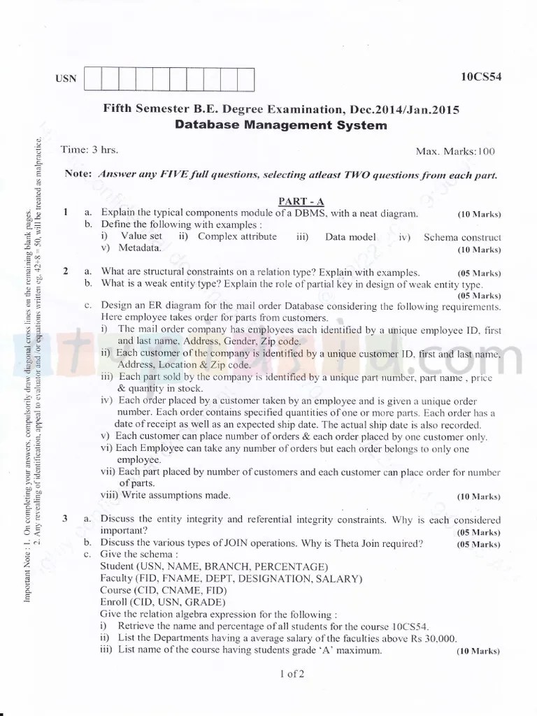DBMS Question Paper Dec 14 | PDF | Sql | Data Management Software