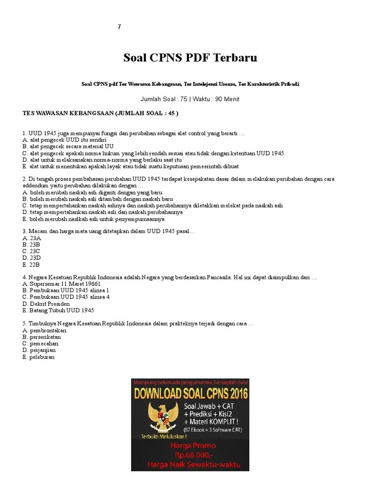 Contoh Soal Twk Cpns Dan Jawabannya Pdf Ingat soal-soal ini hanya sebatas soal latihan yang diharapkan menambawah wawasan pengetahuan kita tentang materi kebangsaan intelegensi dan kepribadian.