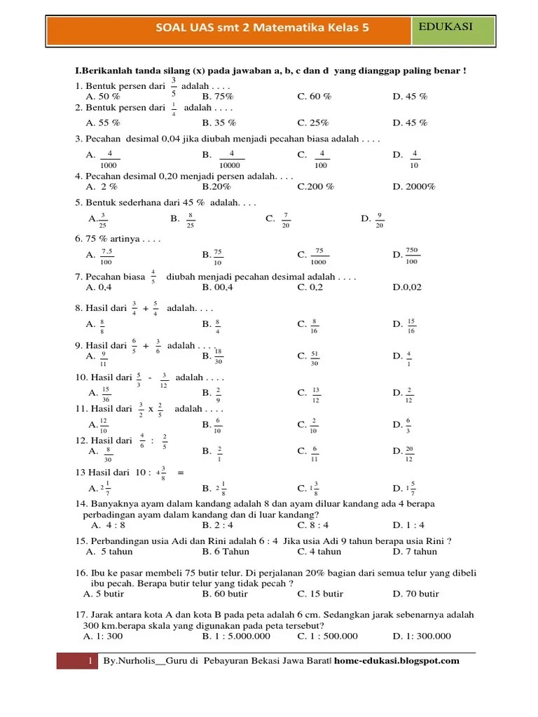 Lks matematika sd kelas 6 semester 2 cerdas meraih prestasi kertas hvs putih. Soal Uas Matematika Kelas 5 Semester 1 Kurikulum 2013 Revisi 2018 Pdf