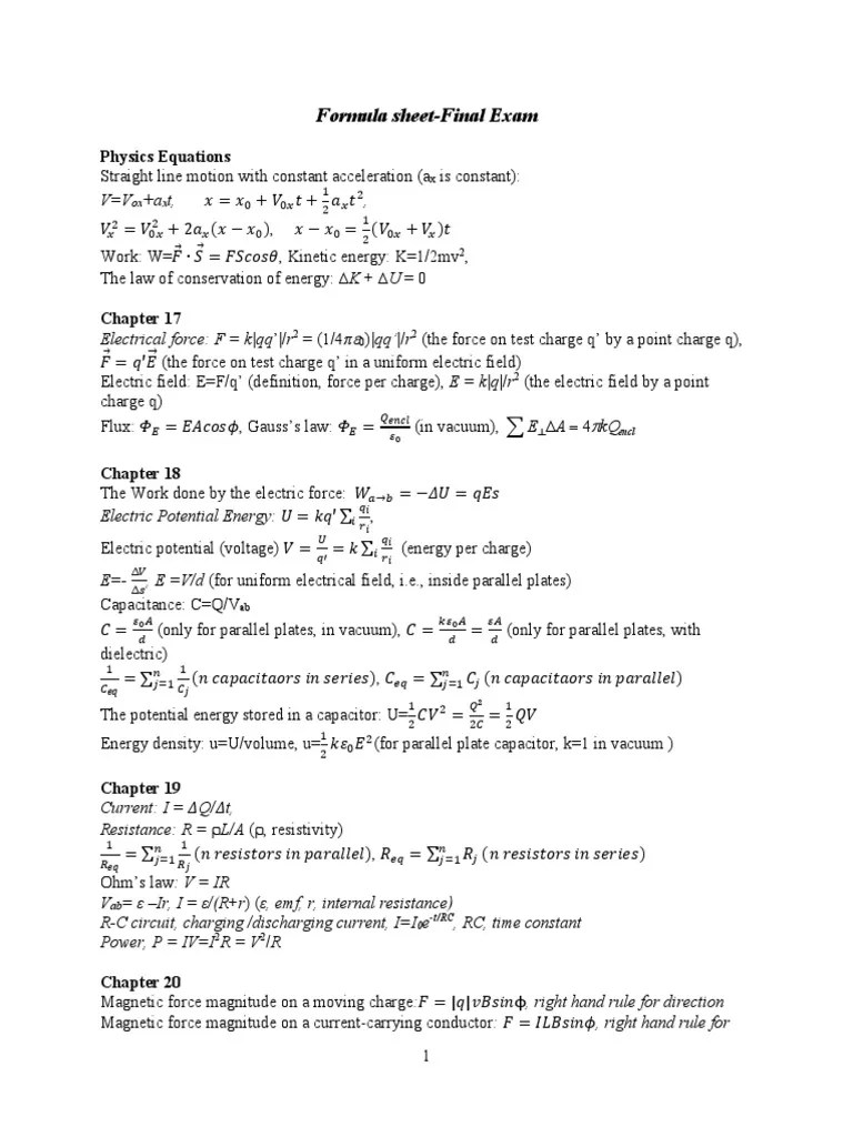 Formula Sheet-Final Exam | PDF | Inductance | Electric Field