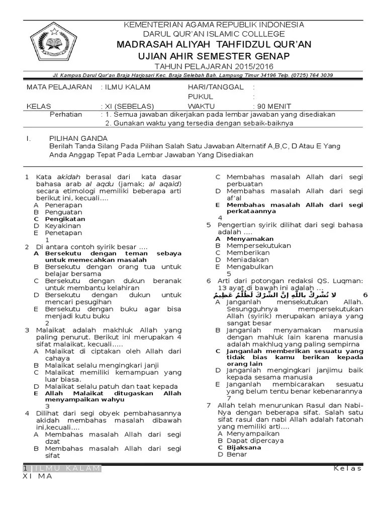Kalau ada kesalahan pada link download, mohon segera dikomentar, terima kasih. Kumpulan Soal Ilmu Kalam Kelas Xii Masnurul