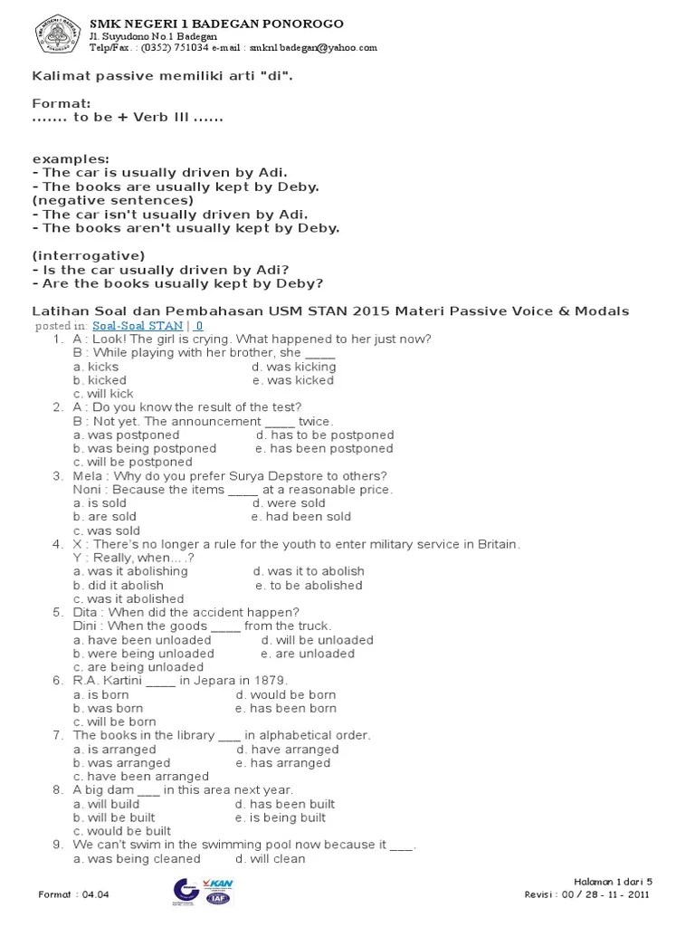 5 c 11 c 6 b 12 b demikian artikel tentang contoh soal passive voice beserta jawaban. Latihan Soal Passive Voice Smp