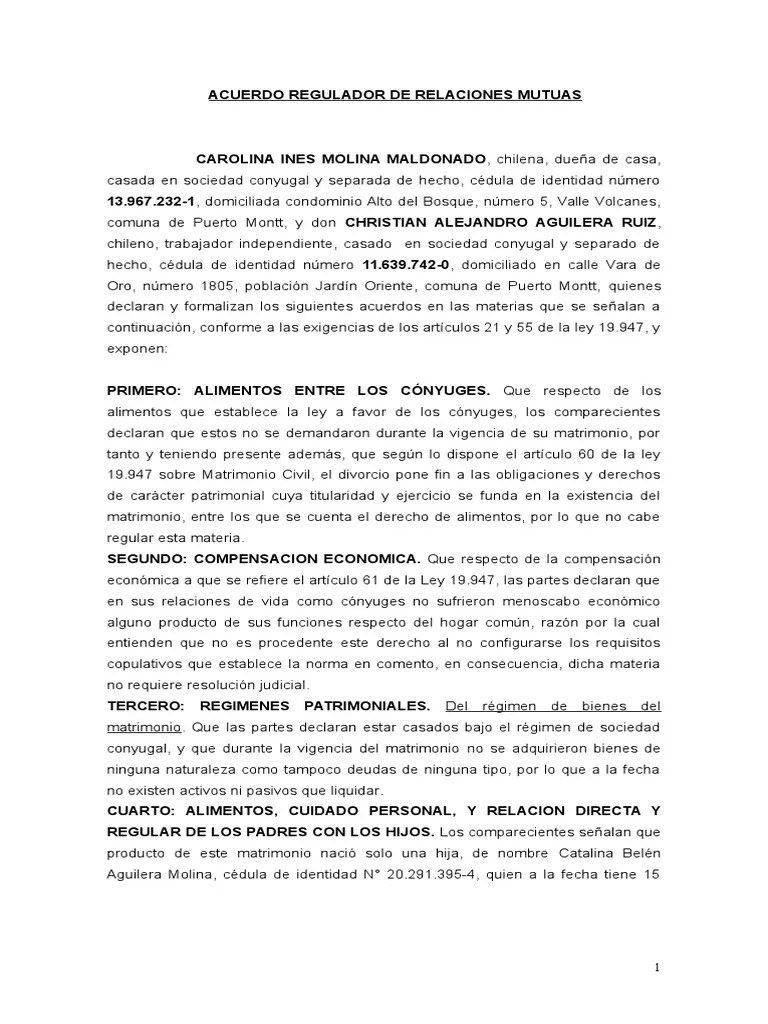 Acuerdo Regulador De Relaciones Mutuas | PDF | Matrimonio | Divorcio