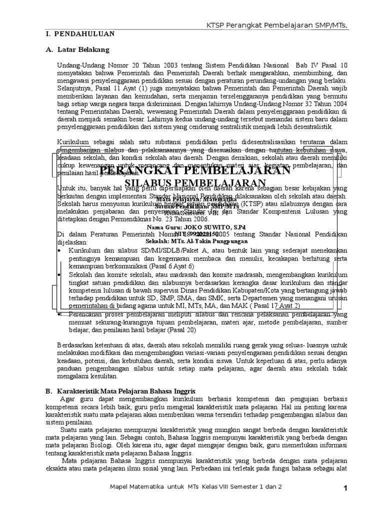 Untuk siswa kelas viii, yang berjudul (1) marbi mahir berbahasa indonesia. SILABUS SMP Matematika KTSP Kelas 8 Semester 1 Dan 2