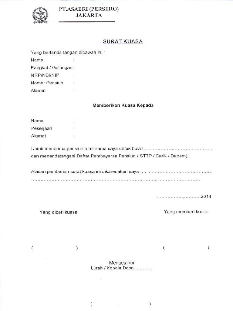 Form Surat Kuasa Pengambilan Gaji Asabri-1 | PDF