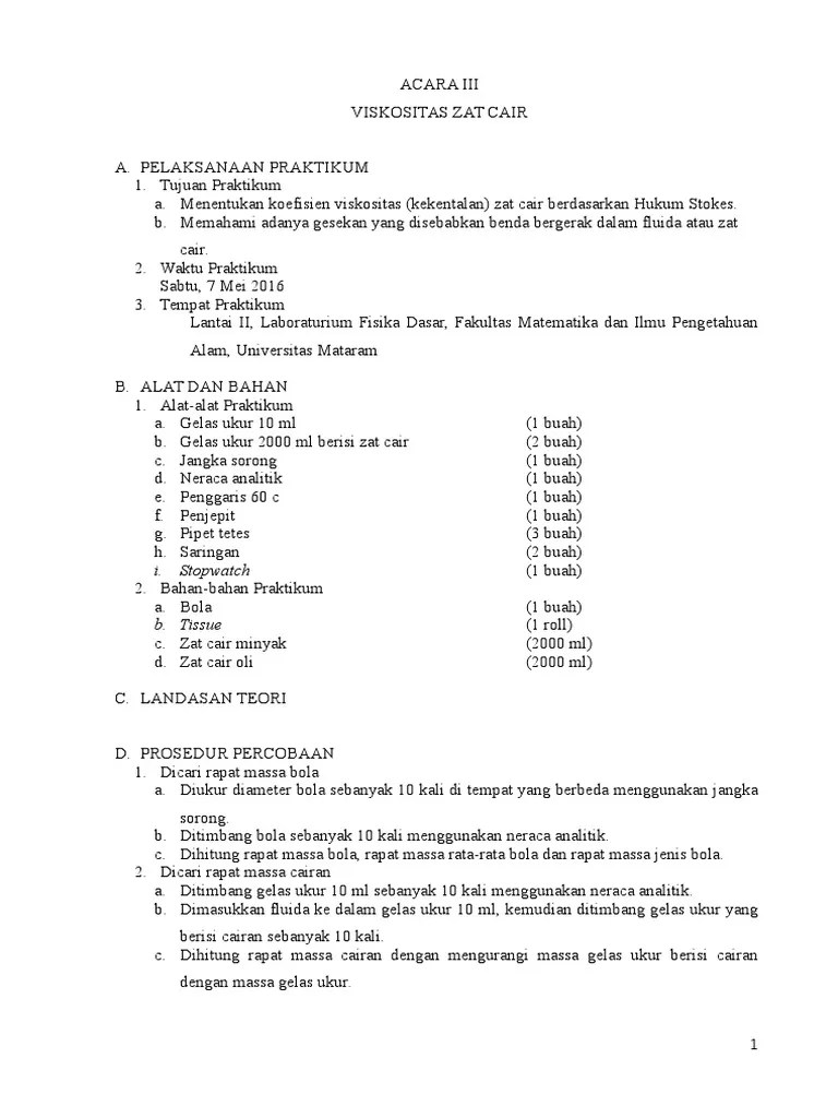 Doc Laporan Kimia Fisika Viskositas Zat Cair Tia Sapta Academia Edu Viskositas minyak pelumas umumnya dari 1 sampai 10 P dan viskositas udara pada 20 adalah 181 P.