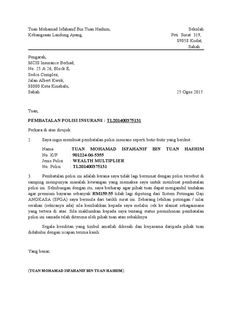 Contoh Surat Pembatalan Polisi Insurans Prudential : Contoh Surat Pembatalan Polisi Insurans Pdf Financial Risk Private Law