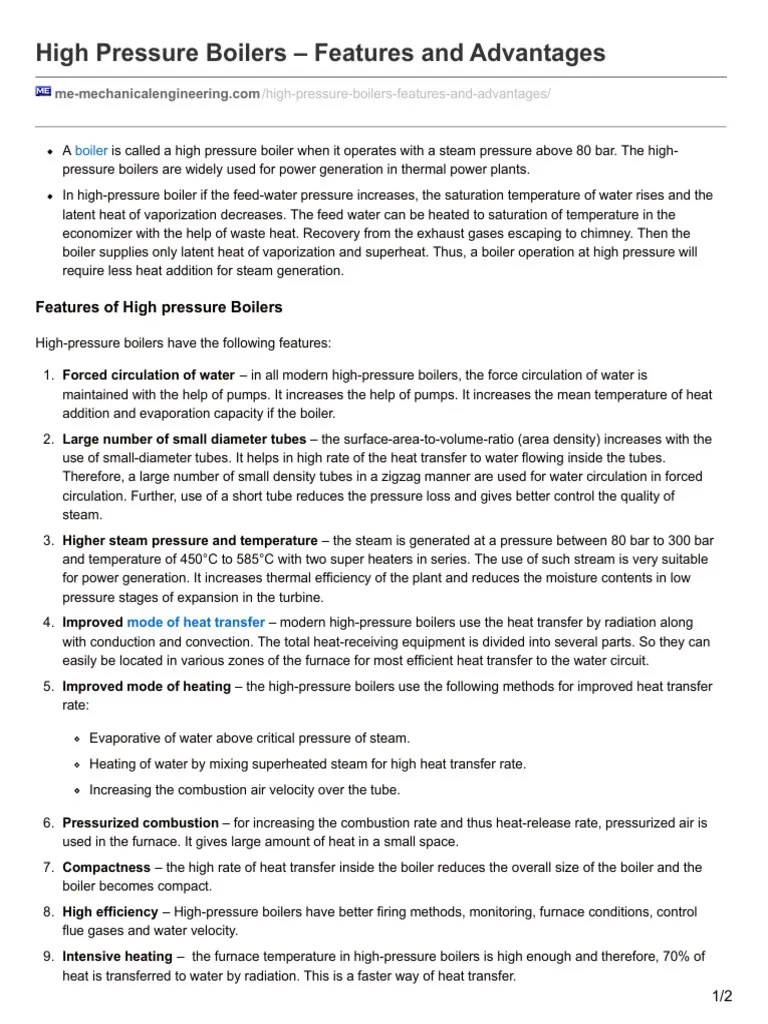 High Pressure Boilers Features And Advantages | PDF | Boiler | Heat ...